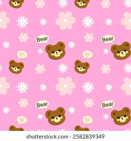 Bear, Flowers on a pink background, Fabric pattern, Wrapping paper, Notebook cover, Phone case , seamless pattern 