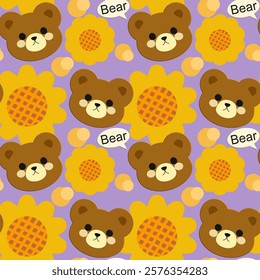 Bear, Flowers on a purple background, Fabric pattern, Wrapping paper pattern, Notebook cover , seamless pattern 