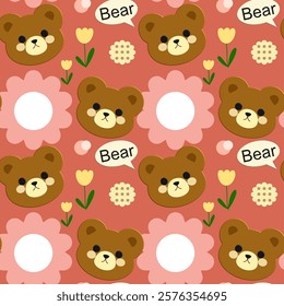 Bear, Flowers on a red background, Fabric pattern, Wrapping paper pattern, Notebook cover , seamless pattern 