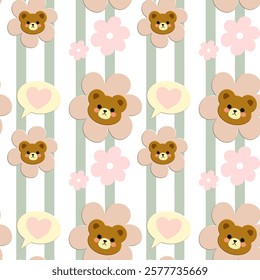 Bear, flowers on white background, green lines, fabric pattern, wrapping paper pattern, notebook cover , seamless pattern 