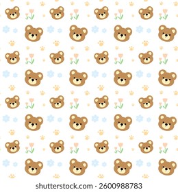 Bear, Flowers on white background, Fabric pattern, Wrapping paper, Seamless pattern