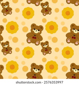 Bear, Flowers on a yellow background, Fabric pattern, Wrapping paper pattern, Notebook cover , seamless pattern 