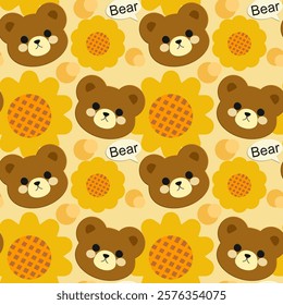 Bear, Flowers on a yellow background, Fabric pattern, Wrapping paper pattern, Notebook cover , seamless pattern 