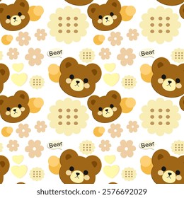 Bear, Flowers on yellow background, Fabric pattern, Wrapping paper, Notebook cover , seamless pattern 