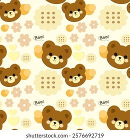 Bear, Flowers on yellow background, Fabric pattern, Wrapping paper, Notebook cover , seamless pattern 