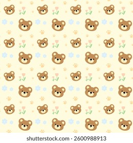 Bear, Flowers on yellow background, Fabric pattern, Wrapping paper, Seamless pattern