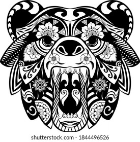 Bear with the flowers ornament for the tattoo illustration