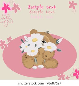 Bear with flowers sits on a pink background