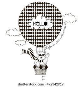 bear flying in air balloon, animal illustration