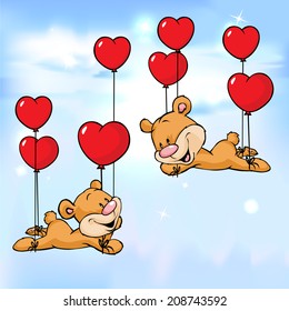 bear flying with balloons in the shape of heart