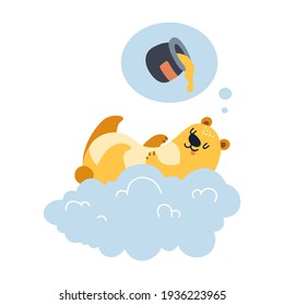 Bear flying on a cloud, dreaming about honey, happy illustration isolated on white. Vector