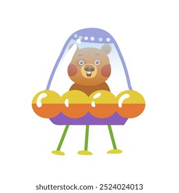 A bear is flying on a flying saucer on a white background. Vector illustration