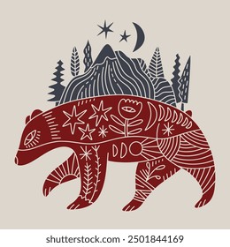 Bear folk graphic collage applicable label element in line monochrome style with ornate flower decoration symbols, floral pattern. Nature logo, textile t-shirt print and more. Mascot shamanic