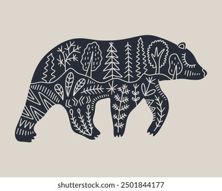 Bear Folk Grafik Collage anwendbares Etikettenelement in Linie monochrome Stil mit ornierten Blumendekorationssymbolen, Blumenmuster. Nature Logo, Textil T-Shirt Print und vieles mehr. Maskottchenschamane