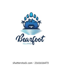 Bear foot island with mountain, palm tree, ocean symbol logo design template