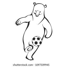 Bear football player with ball. Hand drawn line minimalism style footballer. Soccer Tournament  2018 design element