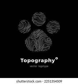 Bear footprint logo of topographic line map. Wood rings, vector line pattern of shape countour. Outline pattern for outdoor logo templates. Contours of tree, concepts for geographic logotype.