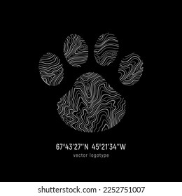 Bear footprint logo of topographic line map. Wood rings, vector line pattern of shape countour. Outline pattern for outdoor logo templates. Contours of tree, concepts for geographic logotype.