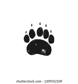 Bear footprint. Wild animal paw in silhouette style. Black grizzly foot icon. Stock vector isolated on white background.