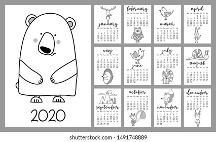 Bear and forest animals calendar for 2020 year. Cute  design, printable planner of 12 months with cute mouse. Week starts on Sunday. Standard size, ready to print.