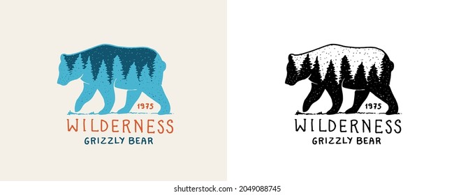 Bear with forest double exposure. Tourism symbol. Grizzly silhouette t-shirt design. Fir forest. Engraved hand drawn in old vintage sketch. Doodle Wooden travel logo. Explorer, wilderness sticker. 