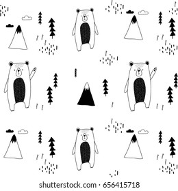 bear and forest illustration pattern.Black and white.