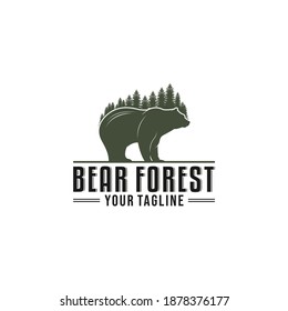 bear forest logo with illustration of a bear having a dense forest back depicting the bear's habitat