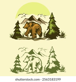 bear forest mountain hand drawn illustration