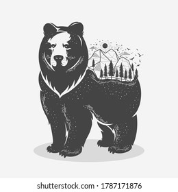 Bear and forest mountain wildlife concept, hand drawn vector illustration