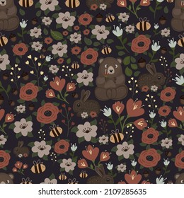 Bear forest pattern with bunny rabbit, furry animals with watercolor flowers, Scandinavian vector pattern