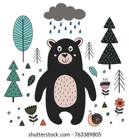 Bear in forest Scandinavian style. Poster, childish print, card - vector illustration, eps
