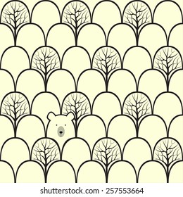 Bear in a forest seamless pattern. Vector design background.