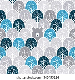 Bear in a forest seamless pattern. Vector design background.