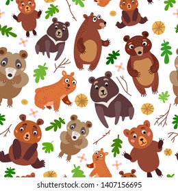 Bear forest Seamless Pattern. Woodland animals. Vector childish illustration. Cartoon characters brown, polar bear, Grizzly and panda. Wrapping, notebooks, labels, accessories-school