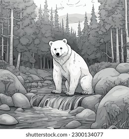 Bear in forest vector coloring book black and white for adults isolated line art on white background.