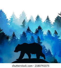 Bear in the forest. Watercolor blue forest. Spruces and pines. Vector illustration