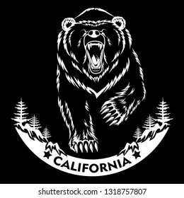 Bear and forest. White vector image on black background.