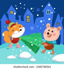 Сute bear and fox carry Christmas tree. Cartoon characters on street in city. Single composition, scene on colored background. Vector illustration.
