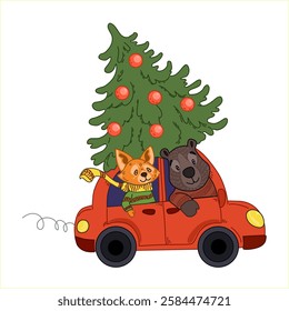A bear and a fox are carrying a Christmas tree in a red car. 
Merry Christmas. Children's print for clothes