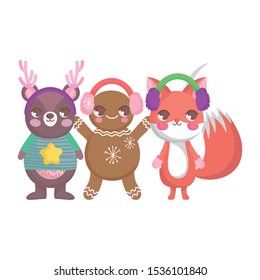 bear fox and gingerbread man ear muffs merry christmas vector illustration
