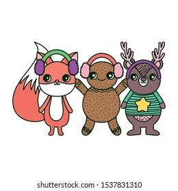 bear fox and gingerbread man ear muffs merry christmas vector illustration