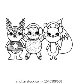 bear fox and gingerbread man ear muffs merry christmas vector illustration thick line