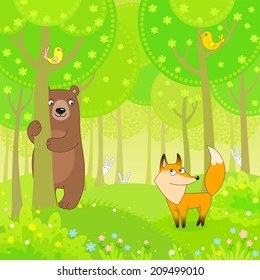 The bear, fox and hares play at hide-and-seek in the wood