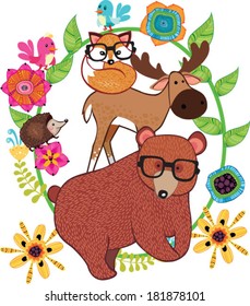 bear, fox, hedgehog and bird illustration