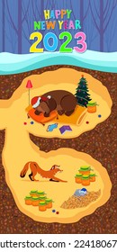 A bear, a fox and a mouse in a lair decorated for the holiday. New Year vector banner, card, illustration or post. Happy New Year 2023