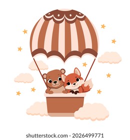 Bear and fox on balloon. Cute animals travel across sky together. Baby pictures for printing on clothes. Joint travel with friend. Cartoon flat vector illustration isolated on white background