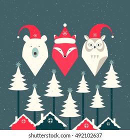 Bear, fox and owl. Merry christmas card.