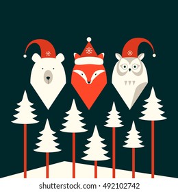 Bear, fox and owl. Merry christmas card.