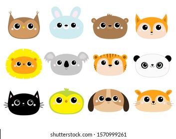 Bear Fox Owl Rabbit Dog Parrot Hamster Cat Lion Koala Panda Tiger round face icon set. Cute cartoon kawaii funny baby character. Flat design. Kids print. White background. Isolated. Vector