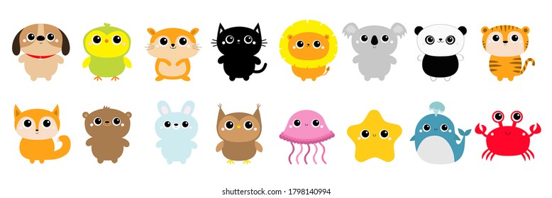 Bear Fox Owl Rabbit Dog Parrot Hamster Cat Lion Koala Panda Tiger Whale Jellyfish Crab Starfish icon set line. Cute cartoon kawaii funny baby character. Flat design. Kids print White background Vector